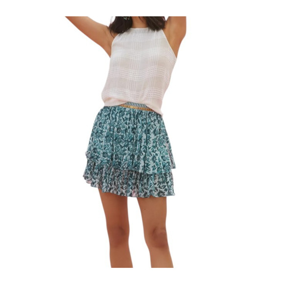 Anthropologie NIKASHA Mini Skirt Tiered Floral Beaded Size S Blue Green Boho - Picture 2 of 10